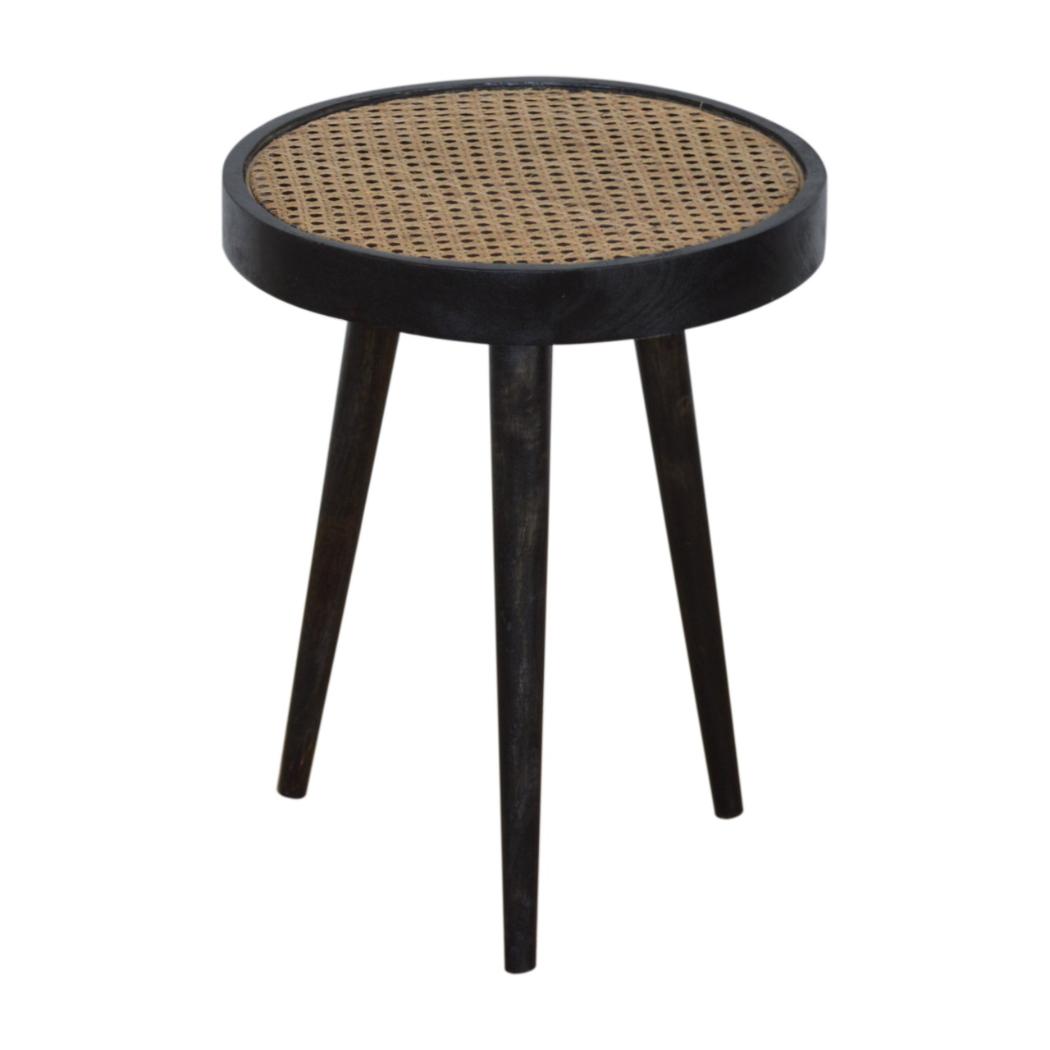 Rattan End Table | Solid Mango Wood | Carbon Black Finish | Woven Accent Furniture