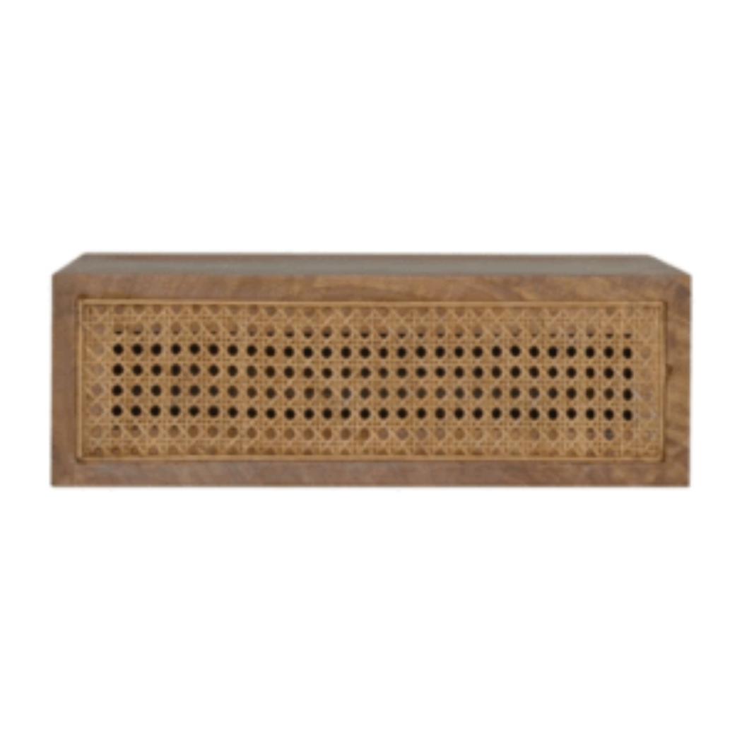 Rattan Wall-Mounted Bedside Table | Solid Mango Wood | Woven Storage Design