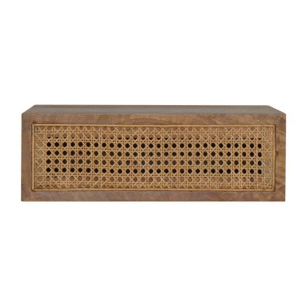 Rattan Wall-Mounted Bedside Table | Solid Mango Wood | Woven Storage Design