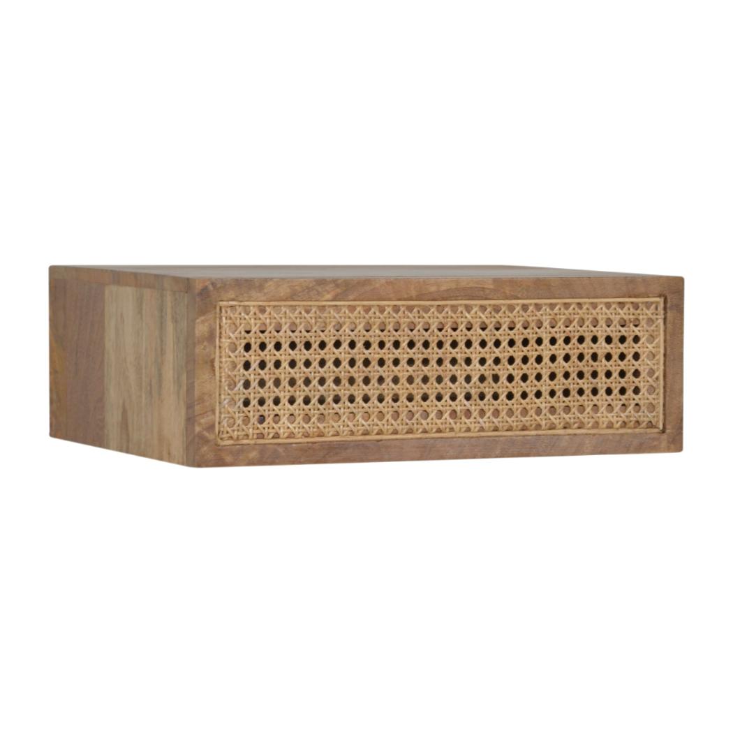 Rattan Wall-Mounted Bedside Table | Solid Mango Wood | Woven Storage Design