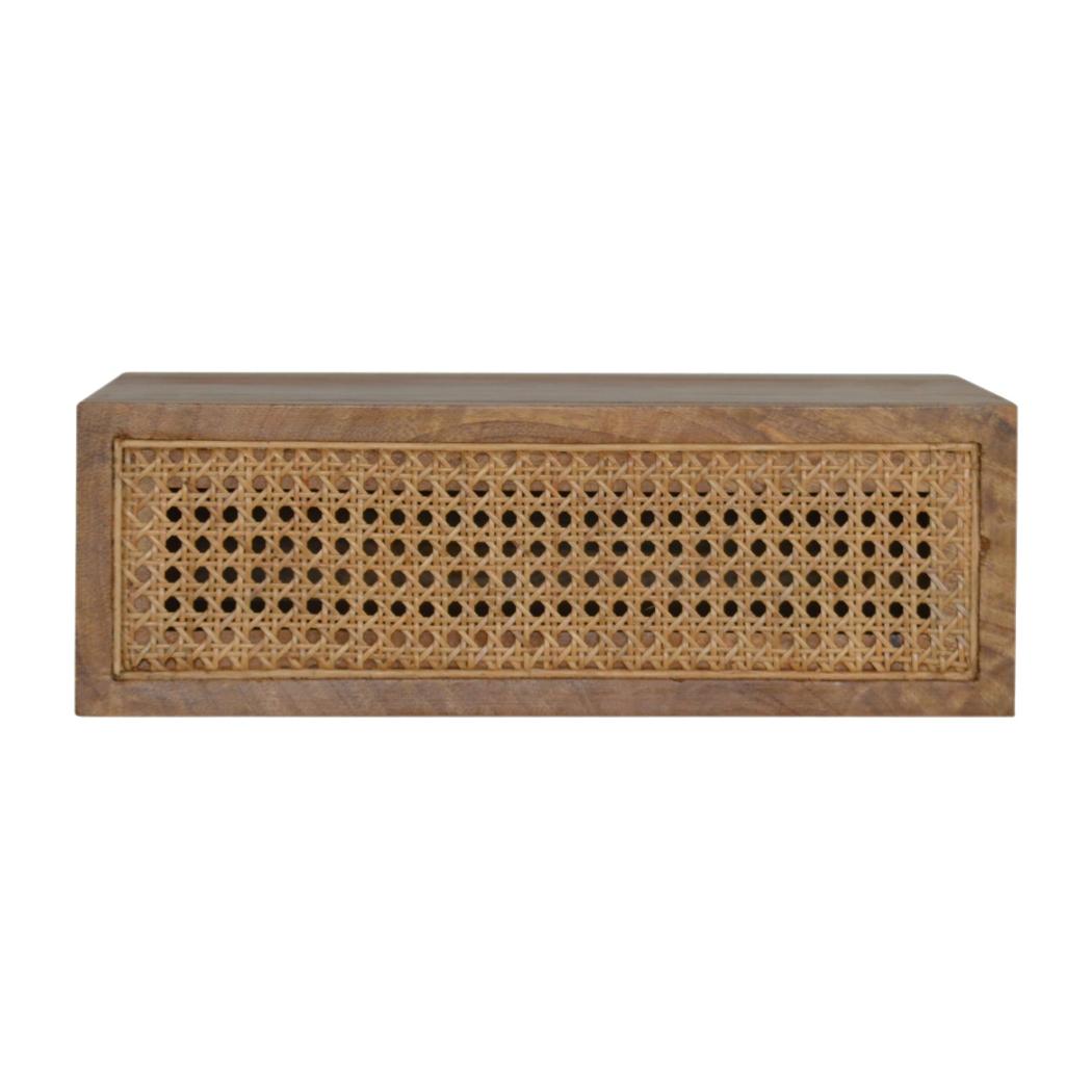Rattan Wall-Mounted Bedside Table | Solid Mango Wood | Woven Storage Design