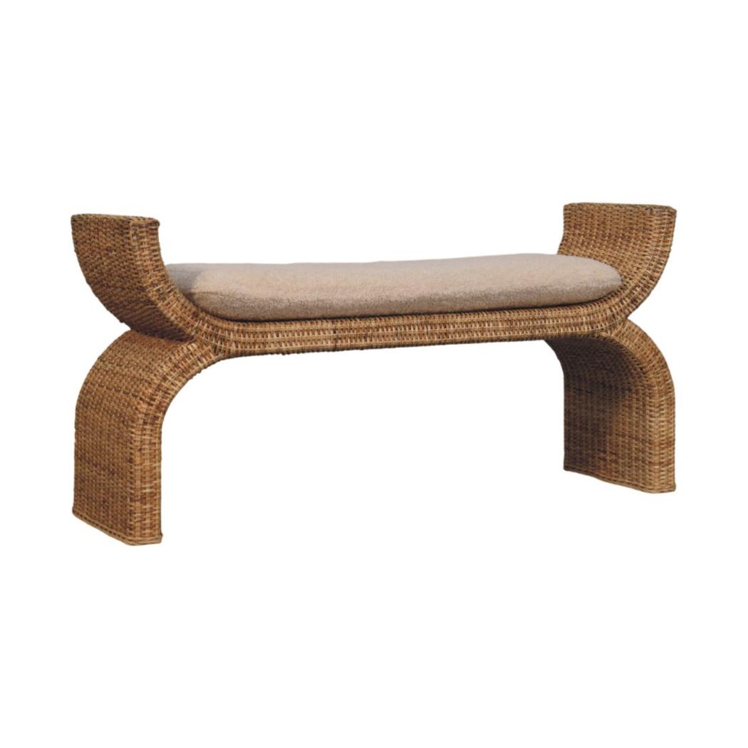 Rattan Weave Bouclé Bench | Solid Mango Wood | Natural Cane | Cream Upholstered Seat