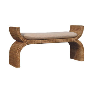 Rattan Weave Bouclé Bench | Solid Mango Wood | Natural Cane | Cream Upholstered Seat