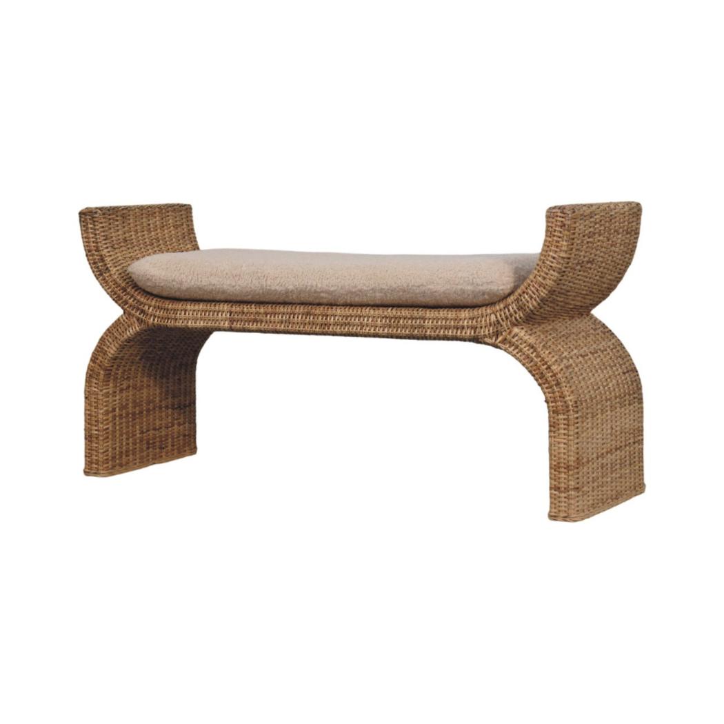 Rattan Weave Bouclé Bench | Solid Mango Wood | Natural Cane | Cream Upholstered Seat