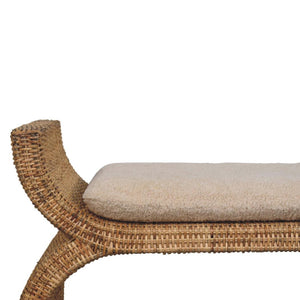 Rattan Weave Bouclé Bench | Solid Mango Wood | Natural Cane | Cream Upholstered Seat