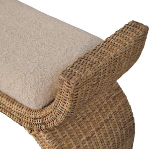 Rattan Weave Bouclé Bench | Solid Mango Wood | Natural Cane | Cream Upholstered Seat