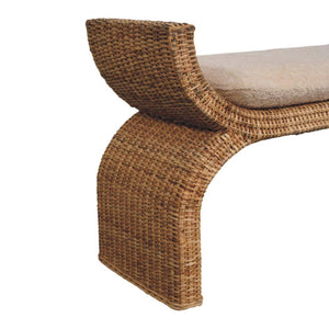 Rattan Weave Bouclé Bench | Solid Mango Wood | Natural Cane | Cream Upholstered Seat