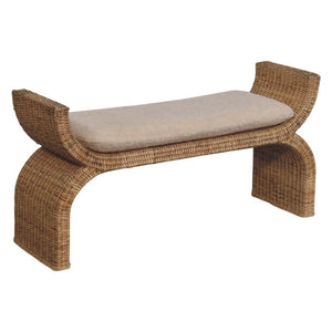 Rattan Weave Bouclé Bench | Solid Mango Wood | Natural Cane | Cream Upholstered Seat