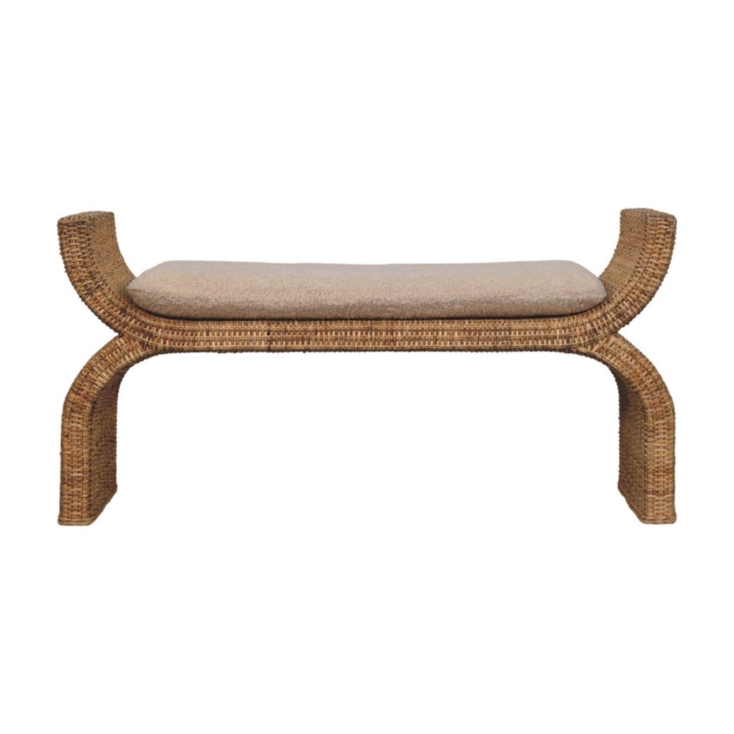 Rattan Weave Bouclé Bench | Solid Mango Wood | Natural Cane | Cream Upholstered Seat