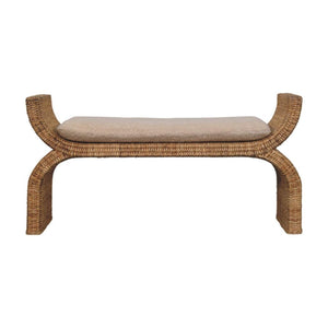 Rattan Weave Bouclé Bench | Solid Mango Wood | Natural Cane | Cream Upholstered Seat