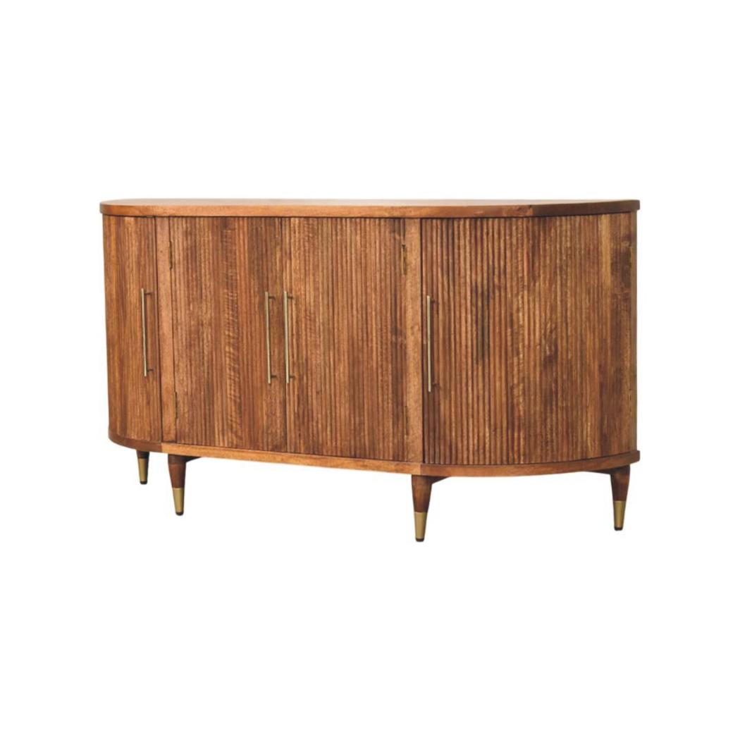 Ravello Curved Sideboard | Solid Mango Wood | Amber Oak Finish | 4 Door Storage Cabinet