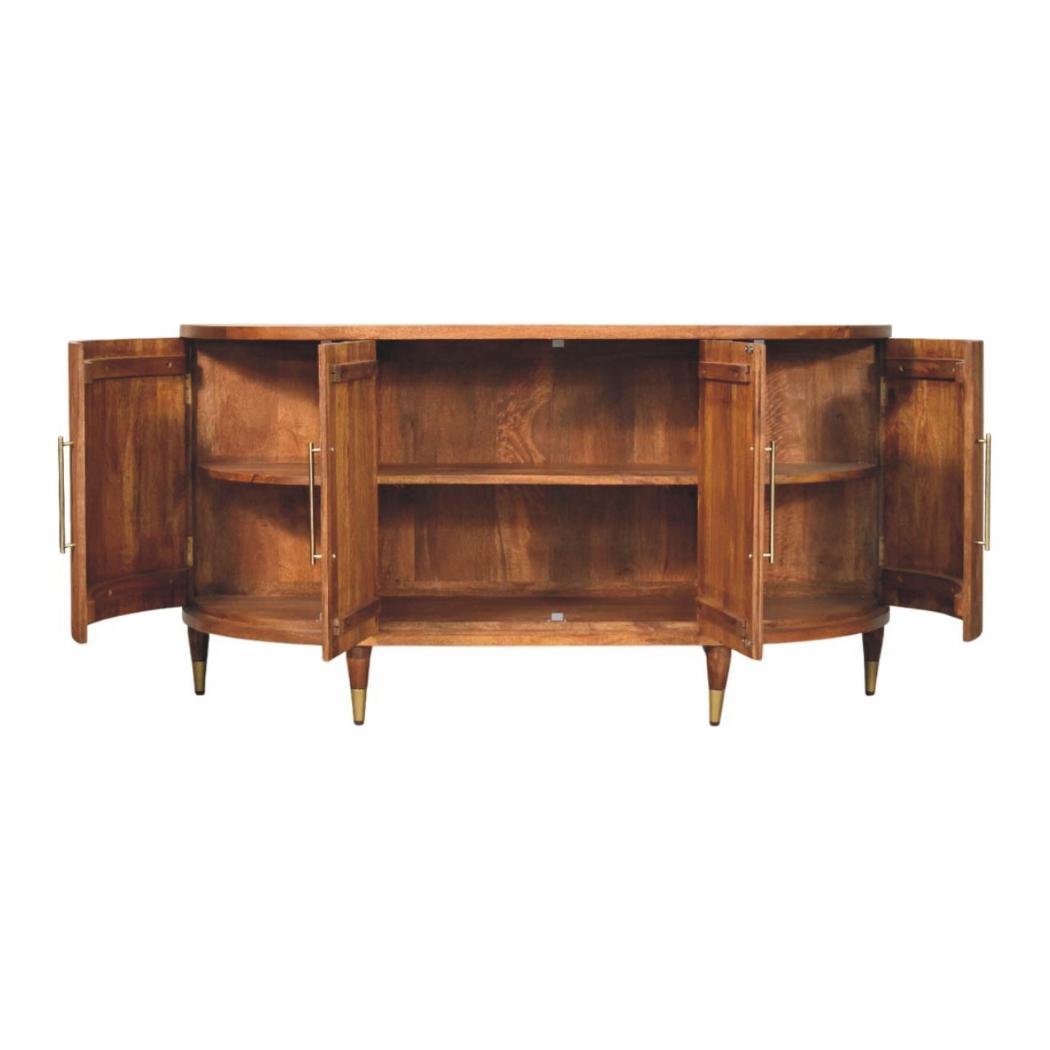 Ravello Curved Sideboard | Solid Mango Wood | Amber Oak Finish | 4 Door Storage Cabinet