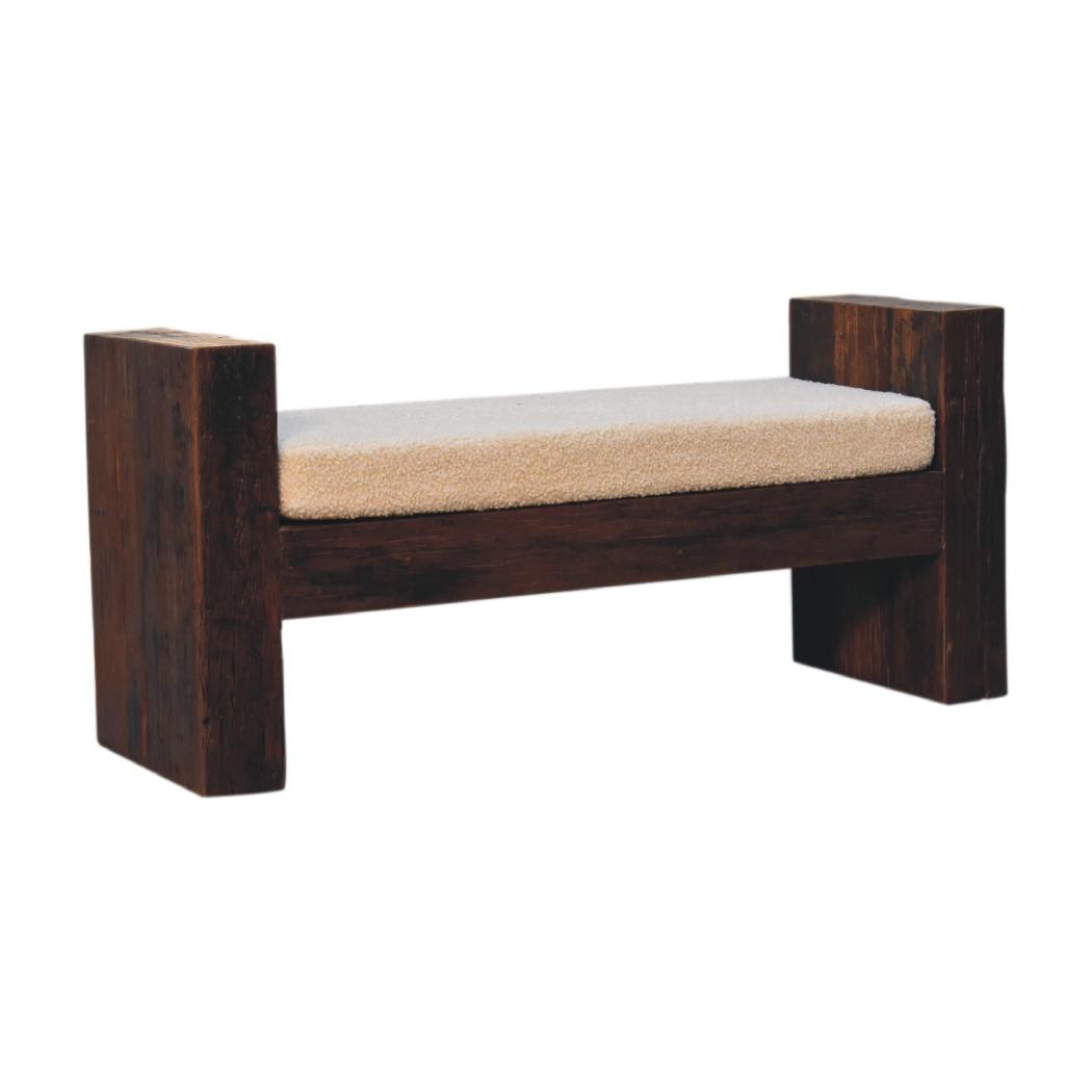 Reclaimed Bouclé Bench | Reclaimed Teak, Oak & Pine | Cream Bouclé Seat | Rustic Accent Seating