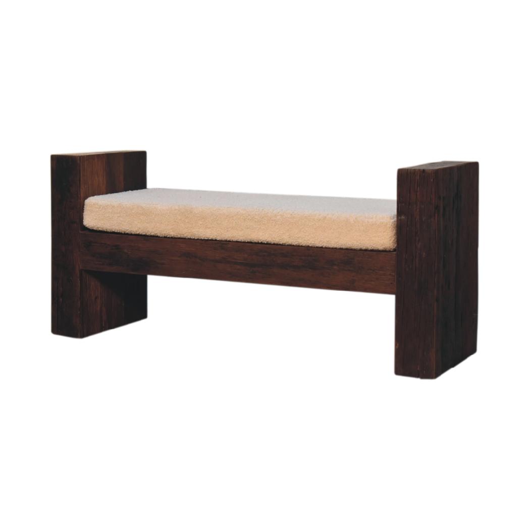 Reclaimed Bouclé Bench | Reclaimed Teak, Oak & Pine | Cream Bouclé Seat | Rustic Accent Seating