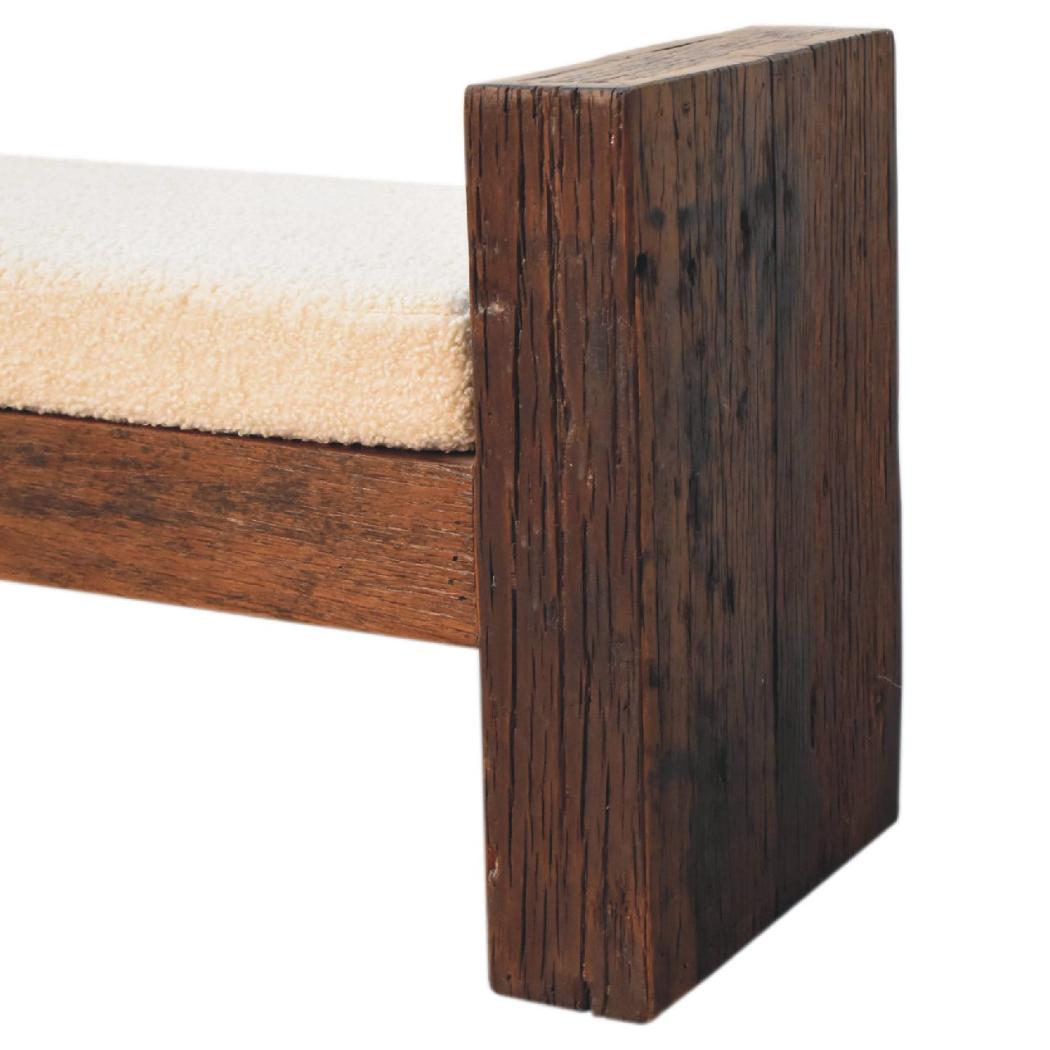 Reclaimed Bouclé Bench | Reclaimed Teak, Oak & Pine | Cream Bouclé Seat | Rustic Accent Seating