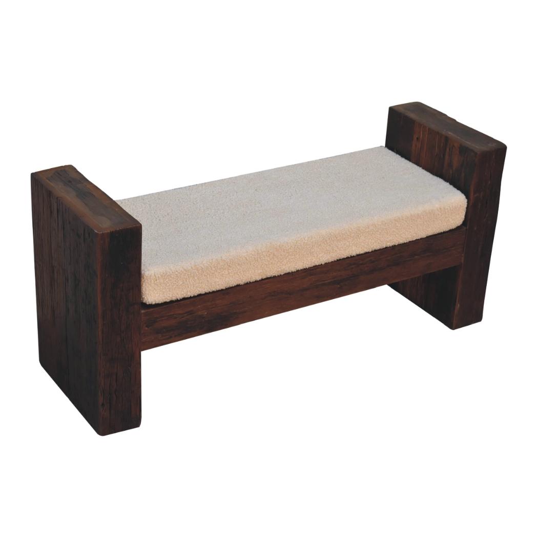 Reclaimed Bouclé Bench | Reclaimed Teak, Oak & Pine | Cream Bouclé Seat | Rustic Accent Seating
