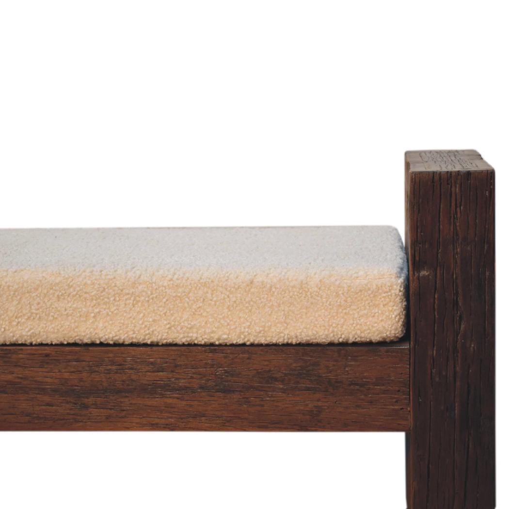 Reclaimed Bouclé Bench | Reclaimed Teak, Oak & Pine | Cream Bouclé Seat | Rustic Accent Seating