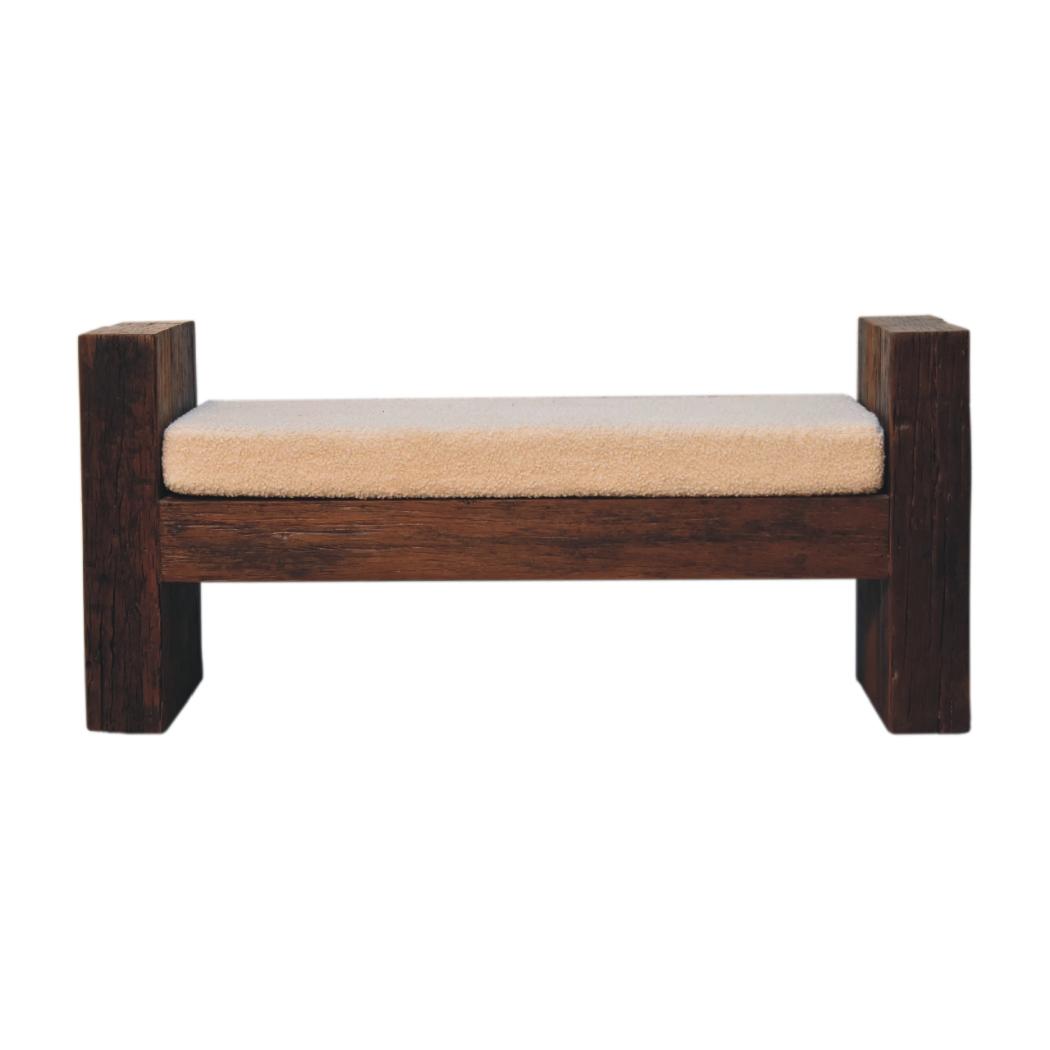 Reclaimed Bouclé Bench | Reclaimed Teak, Oak & Pine | Cream Bouclé Seat | Rustic Accent Seating