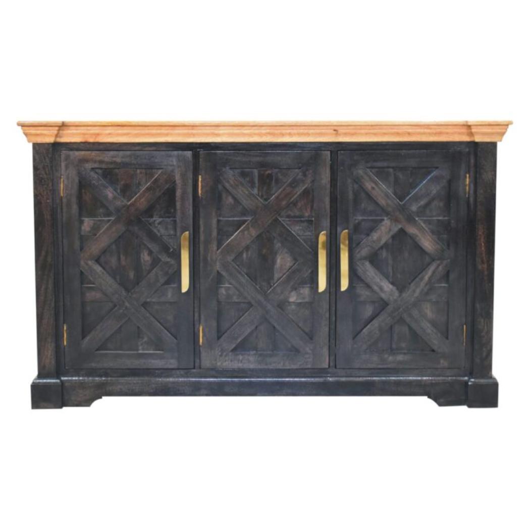 Regal Rustic Sideboard | Solid Mango Wood | Ash Black & Oak Finish | 3 Door Storage Cabinet