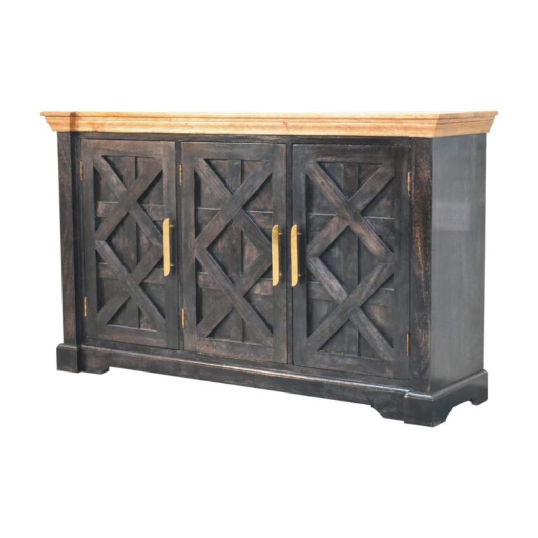 Regal Rustic Sideboard | Solid Mango Wood | Ash Black & Oak Finish | 3 Door Storage Cabinet