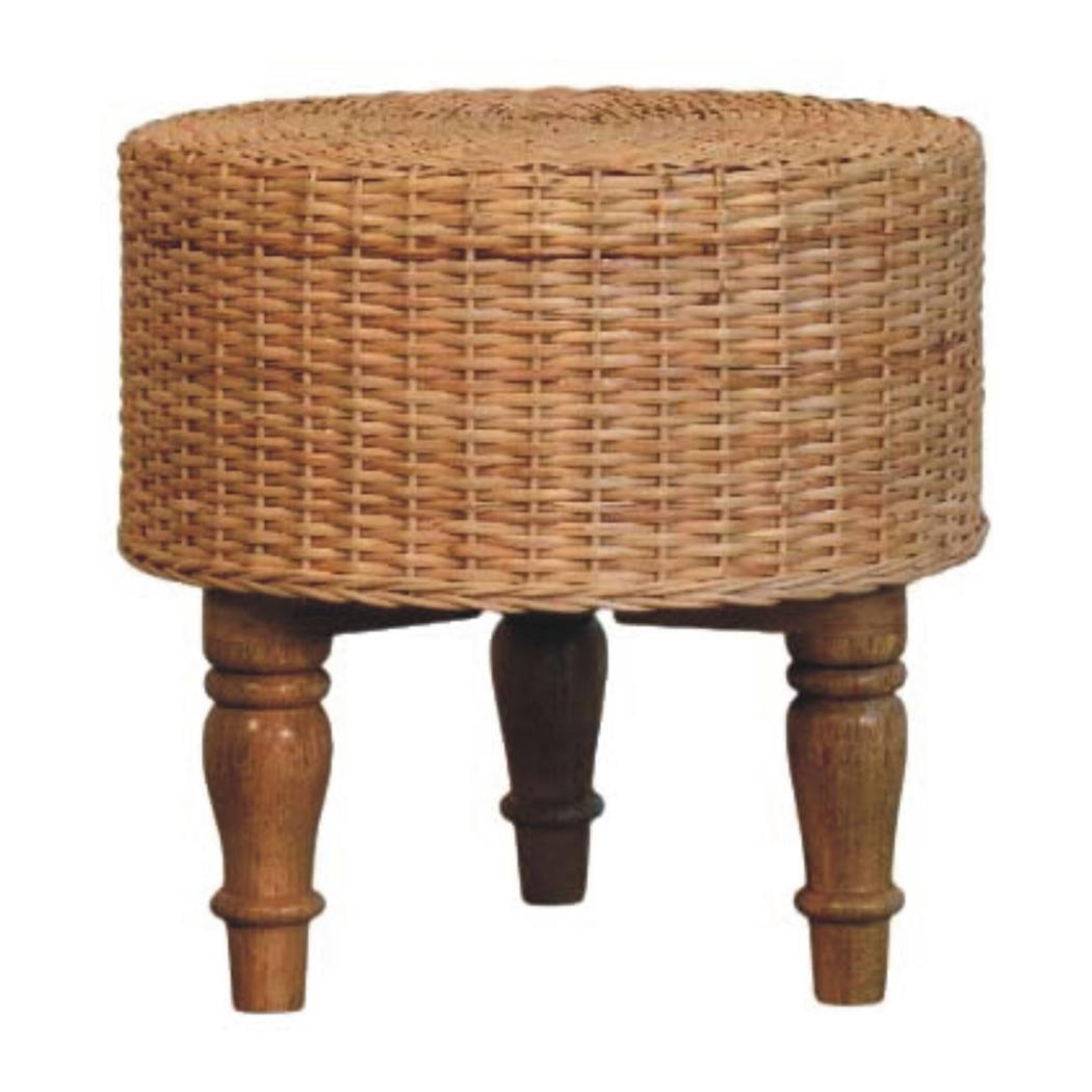 Regency Round Woven Stool | Solid Mango Wood | Handwoven Seat | Compact Accent Furniture