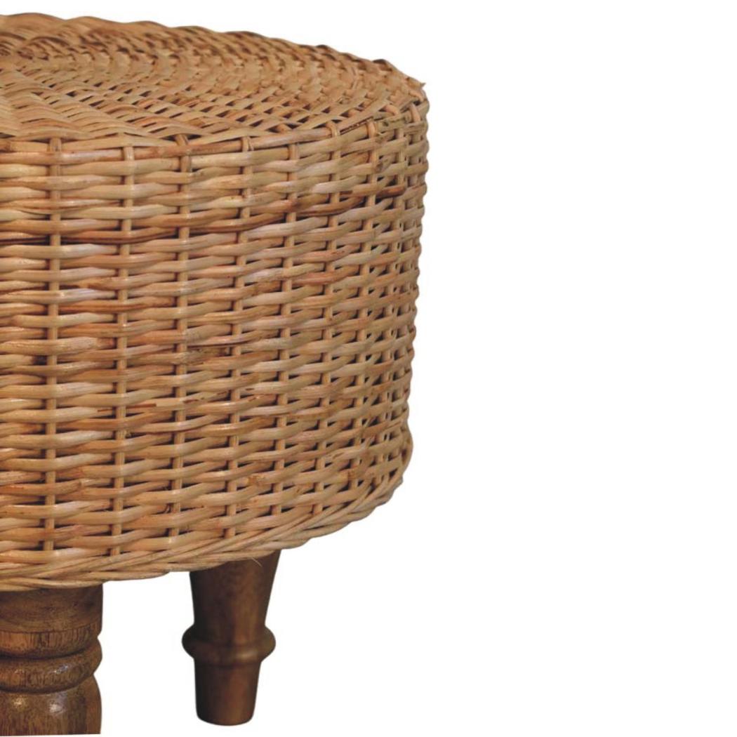 Regency Round Woven Stool | Solid Mango Wood | Handwoven Seat | Compact Accent Furniture