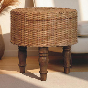 Regency Round Woven Stool | Solid Mango Wood | Handwoven Seat | Compact Accent Furniture