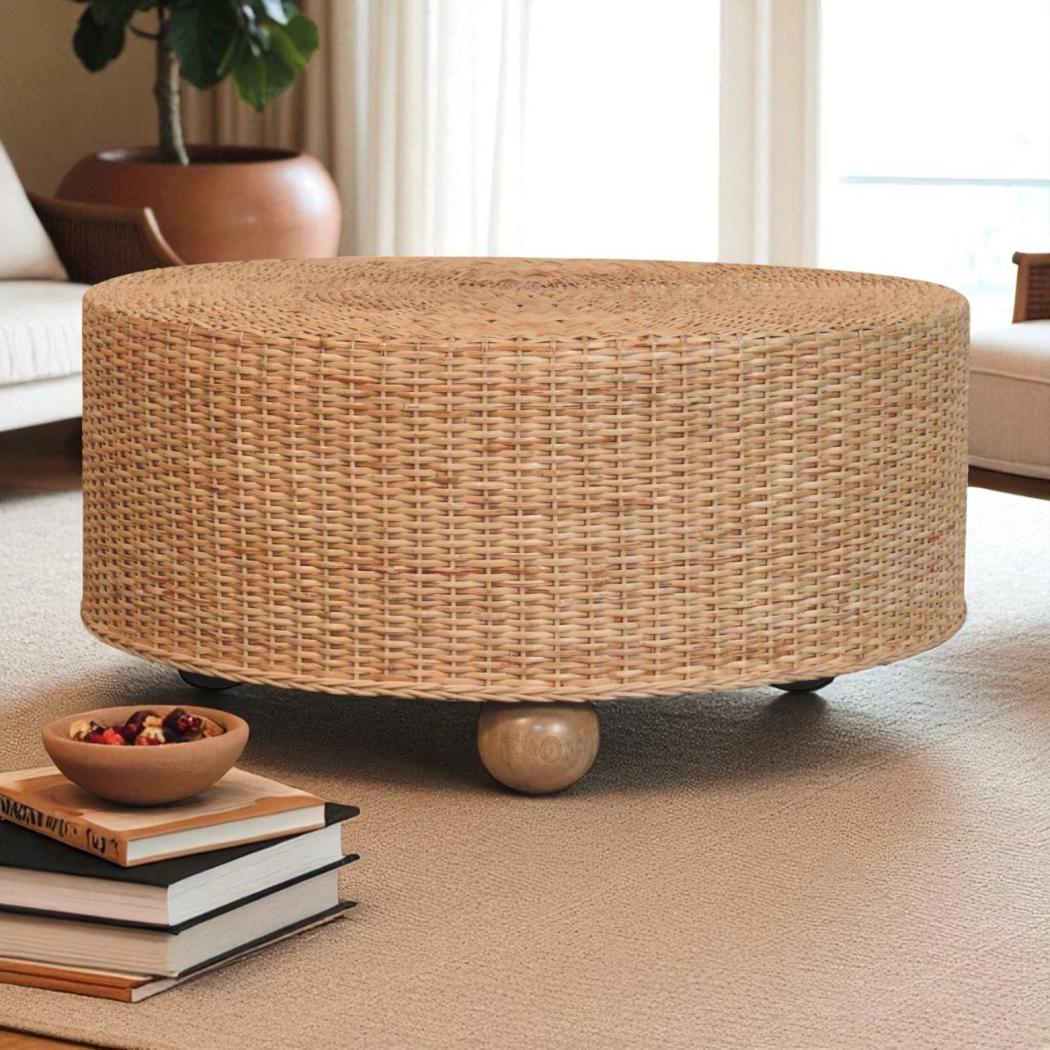 Regency Round Woven Stool | Solid Mango Wood | Handwoven Seat | Compact Accent Furniture