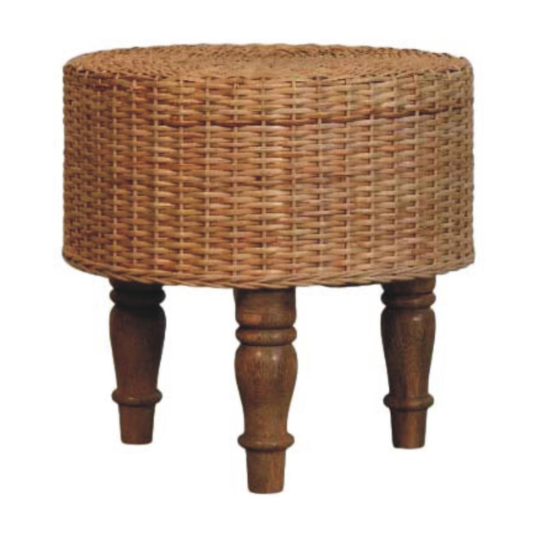 Regency Round Woven Stool | Solid Mango Wood | Handwoven Seat | Compact Accent Furniture