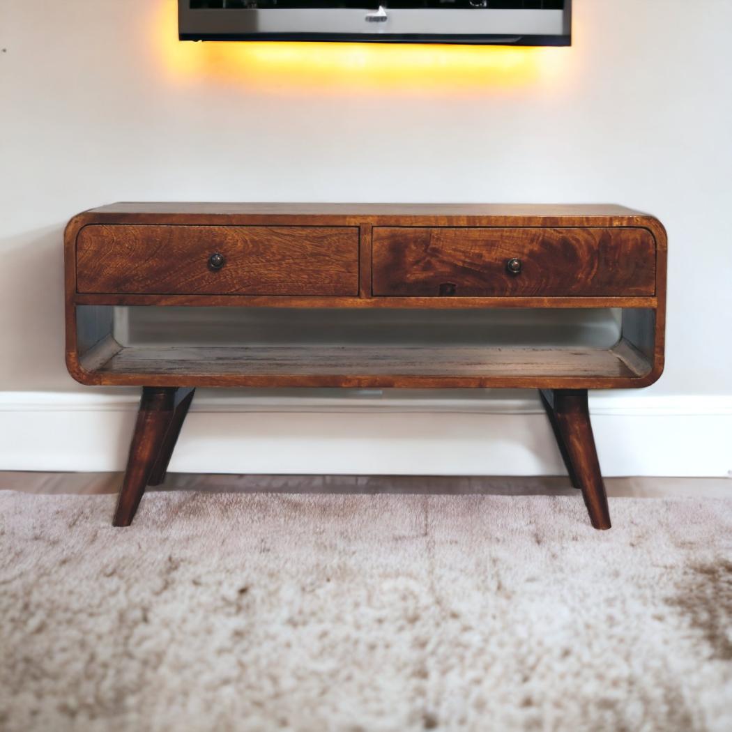 Reverse Curved Chestnut Media Unit | Solid Mango Wood | Reverse Curved Profile