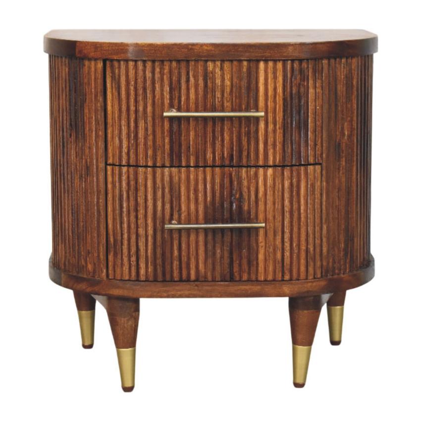 Ribbed Bedside Table | Brass Handles | Textured Storage Design