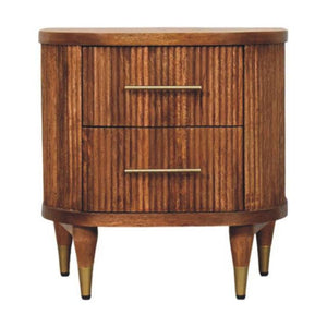 Ribbed Bedside Table with Brass Accents | Textured Wooden Nightstand