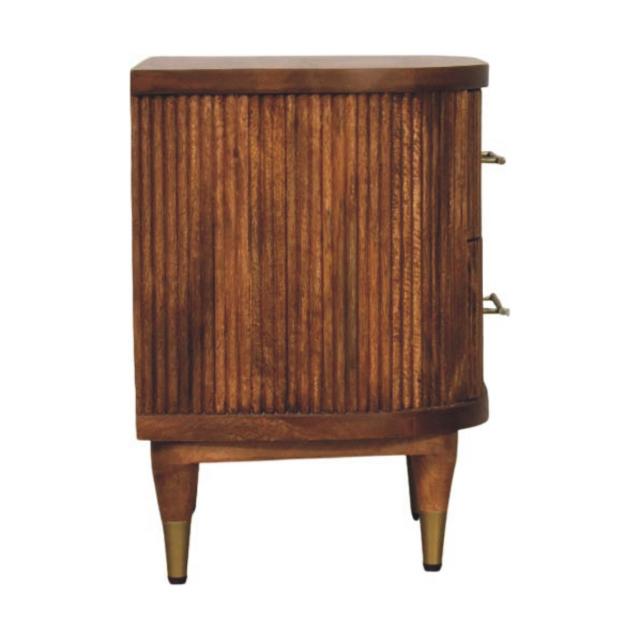 Ribbed Bedside Table with Brass Accents | Textured Wooden Nightstand