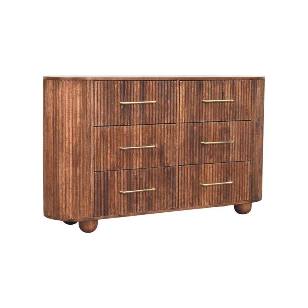 Ridgefront Chest of Drawers | Solid Mango Wood | Roasted Almond Finish | 6 Drawer Storage Dresser