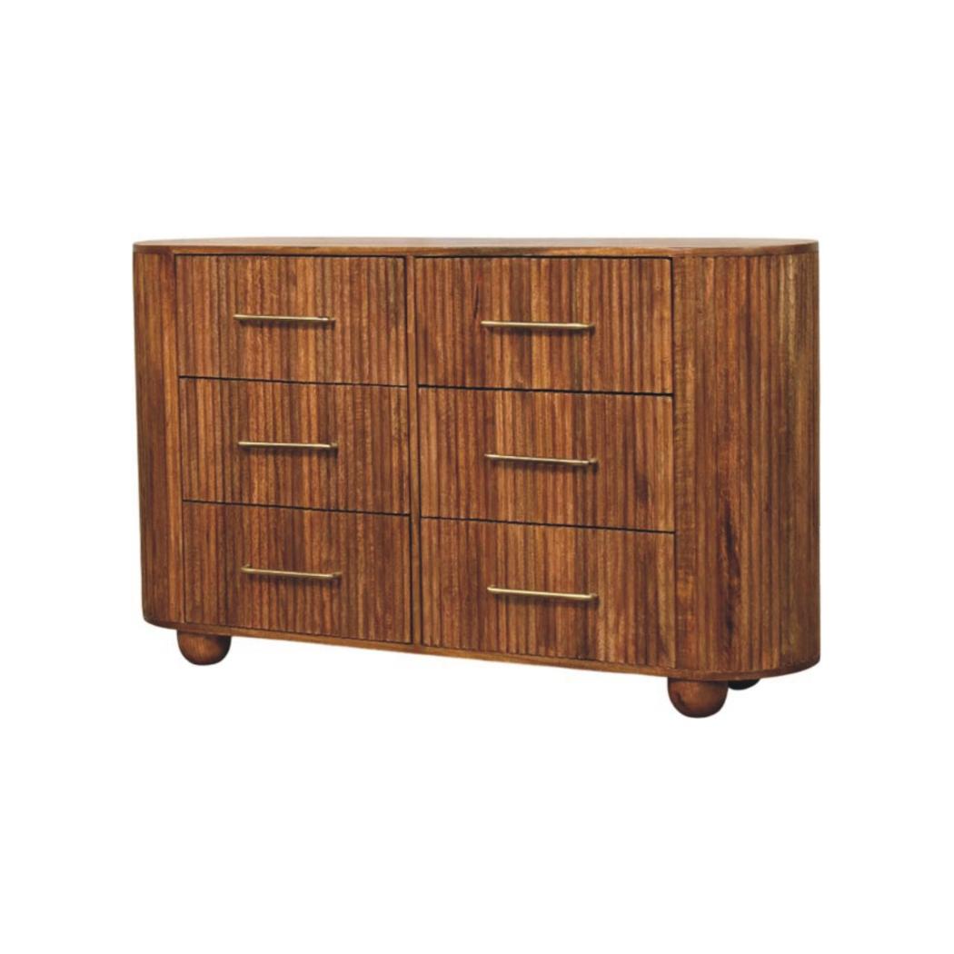 Ridgefront Chest of Drawers | Solid Mango Wood | Amber Oak Finish | 6 Drawer Storage Dresser