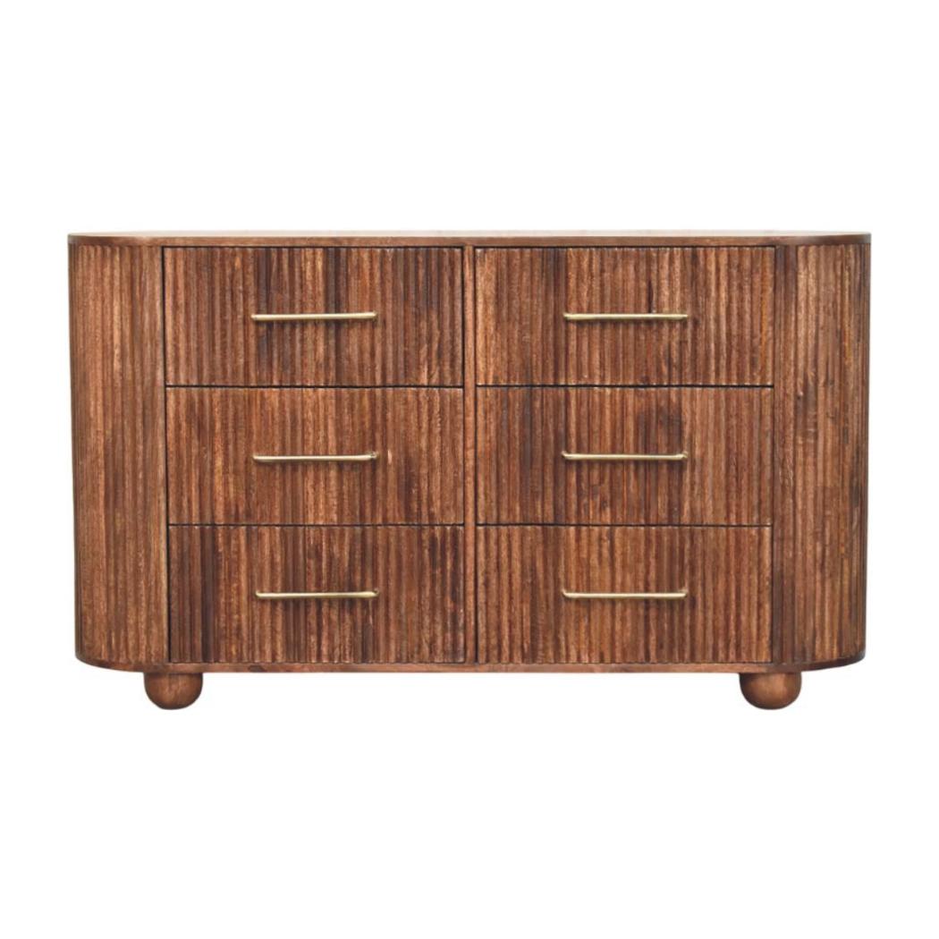 Ridgefront Chest of Drawers | Solid Mango Wood | Roasted Almond Finish | 6 Drawer Storage Dresser