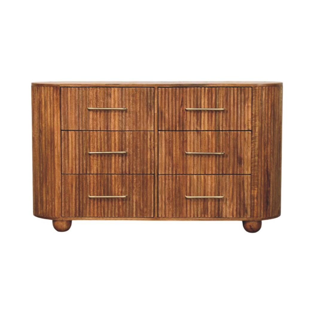 Ridgefront Chest of Drawers | Solid Mango Wood | Amber Oak Finish | 6 Drawer Storage Dresser