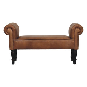 Rolled-Arm Bench | Brown Buffalo Leather | Solid Wood Frame
