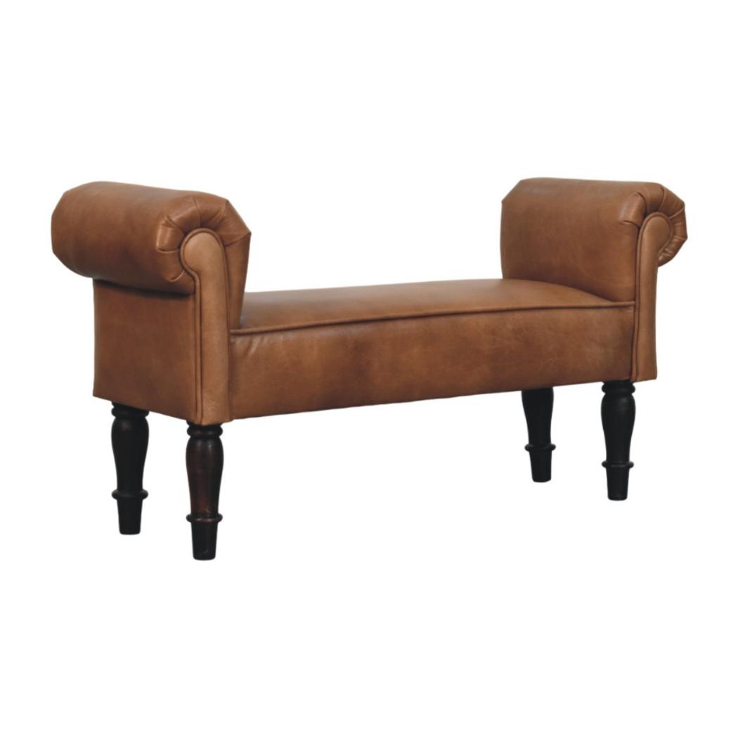 Rolled-Arm Bench | Brown Buffalo Leather | Solid Wood Frame