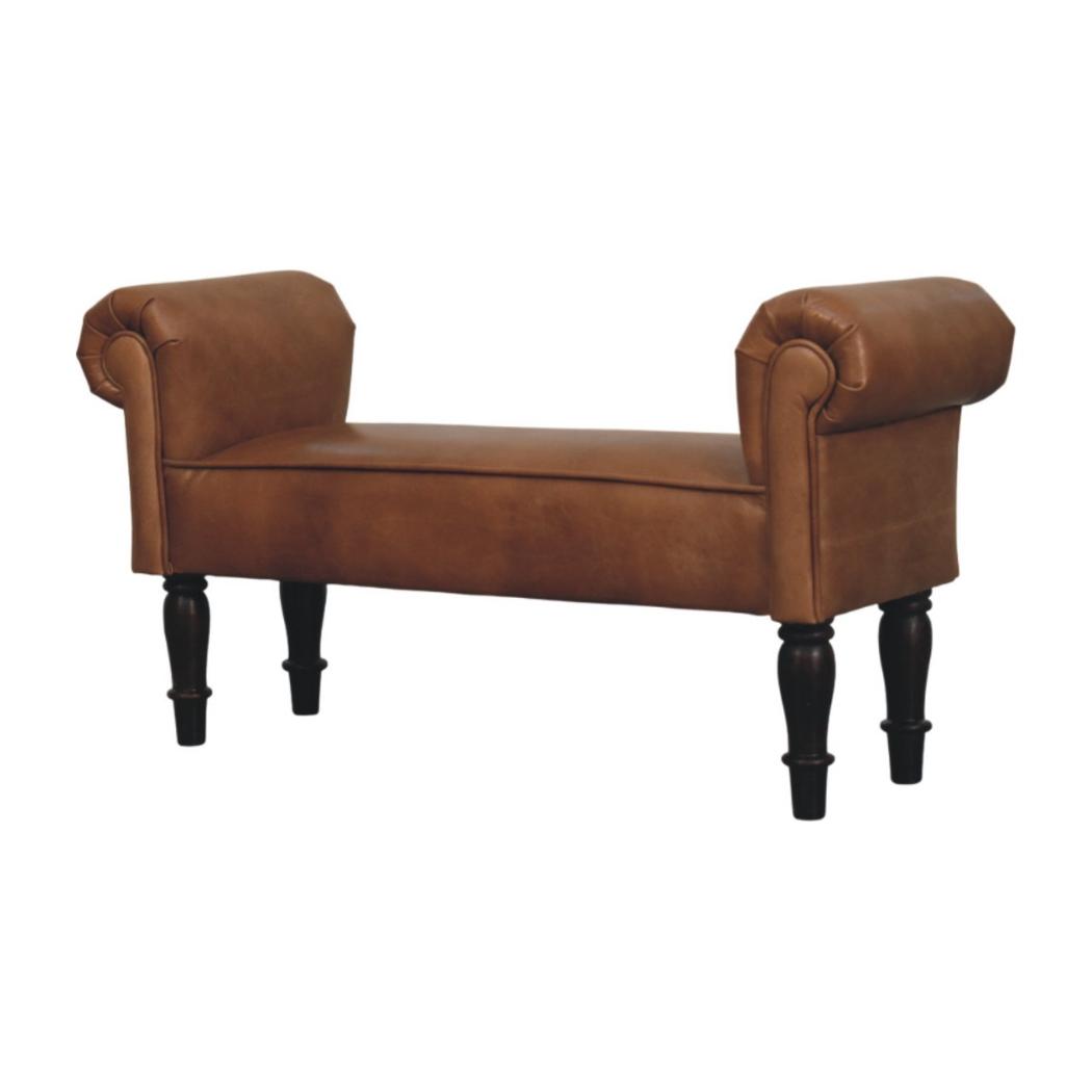 Rolled-Arm Bench | Brown Buffalo Leather | Solid Wood Frame