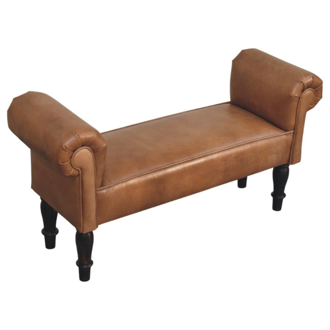 Rolled-Arm Bench | Brown Buffalo Leather | Solid Wood Frame