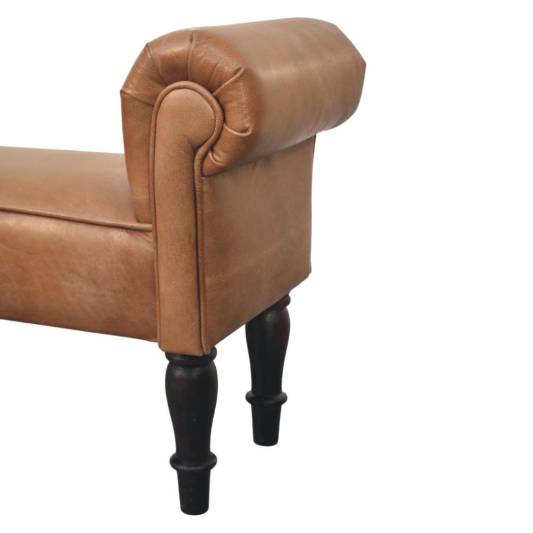 Rolled-Arm Bench | Brown Buffalo Leather | Solid Wood Frame