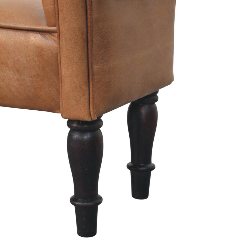 Rolled-Arm Bench | Brown Buffalo Leather | Solid Wood Frame