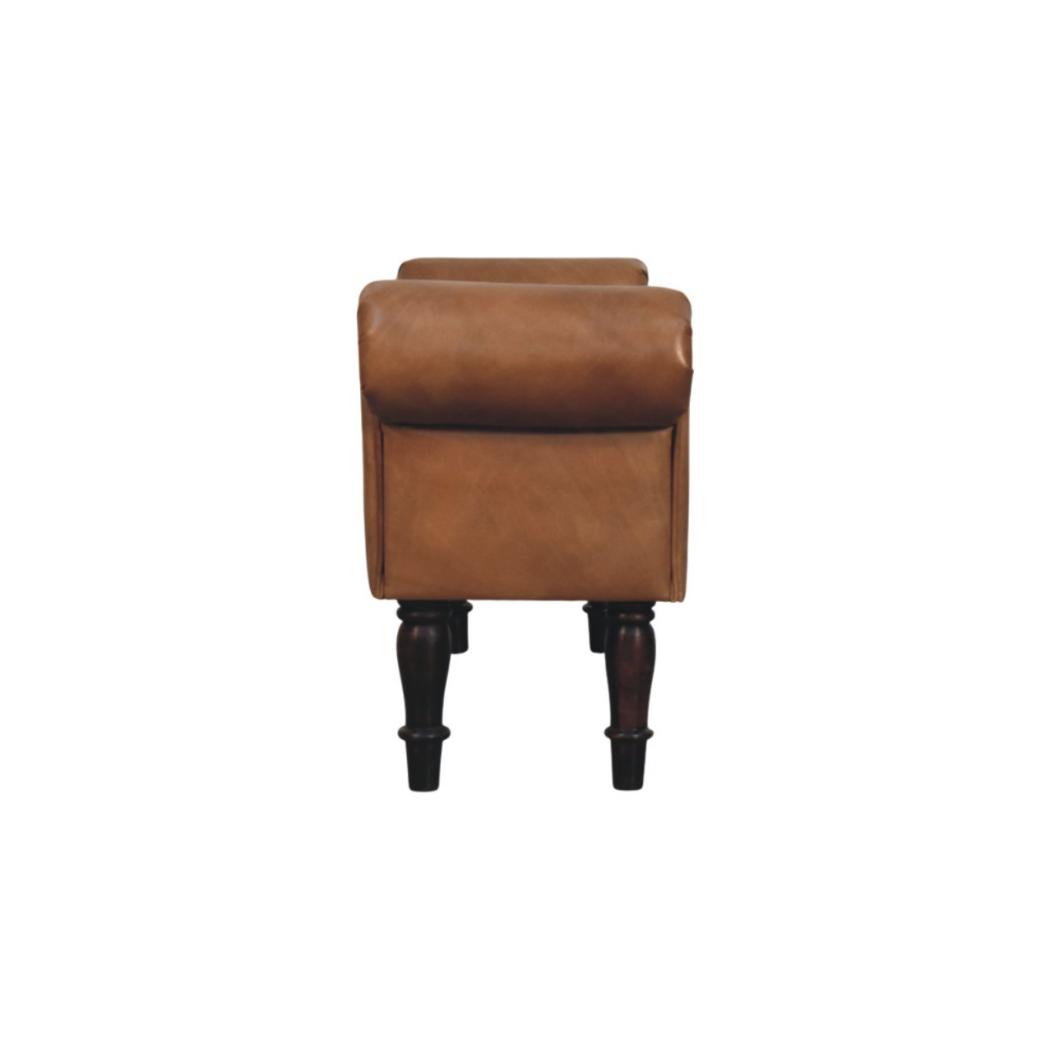 Rolled-Arm Bench | Brown Buffalo Leather | Solid Wood Frame