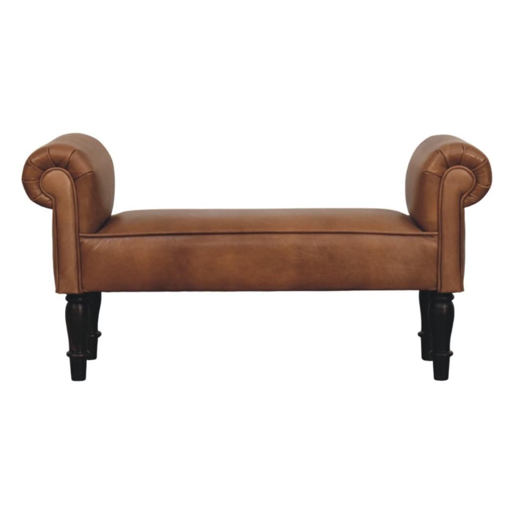 Rolled-Arm Bench | Brown Buffalo Leather | Solid Wood Frame