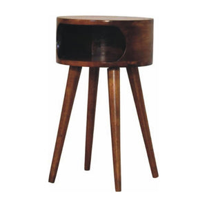 Round Chestnut Bedside Table | Solid Mango Wood | Open Shelf | Curved Nightstand