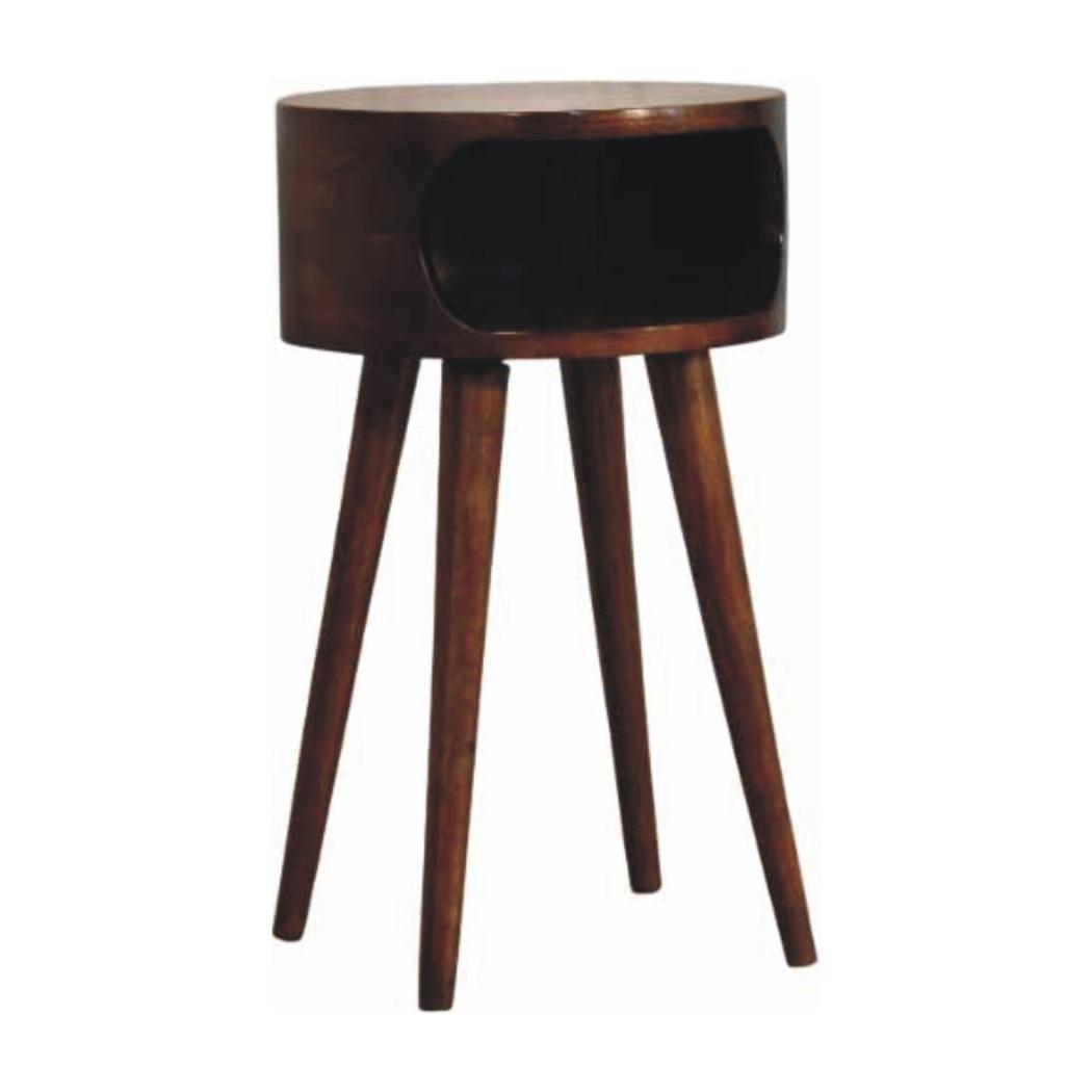 Round Chestnut Bedside Table | Solid Mango Wood | Open Shelf | Curved Nightstand