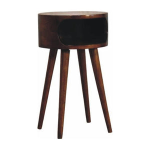 Round Chestnut Bedside Table | Solid Mango Wood | Open Shelf | Curved Nightstand