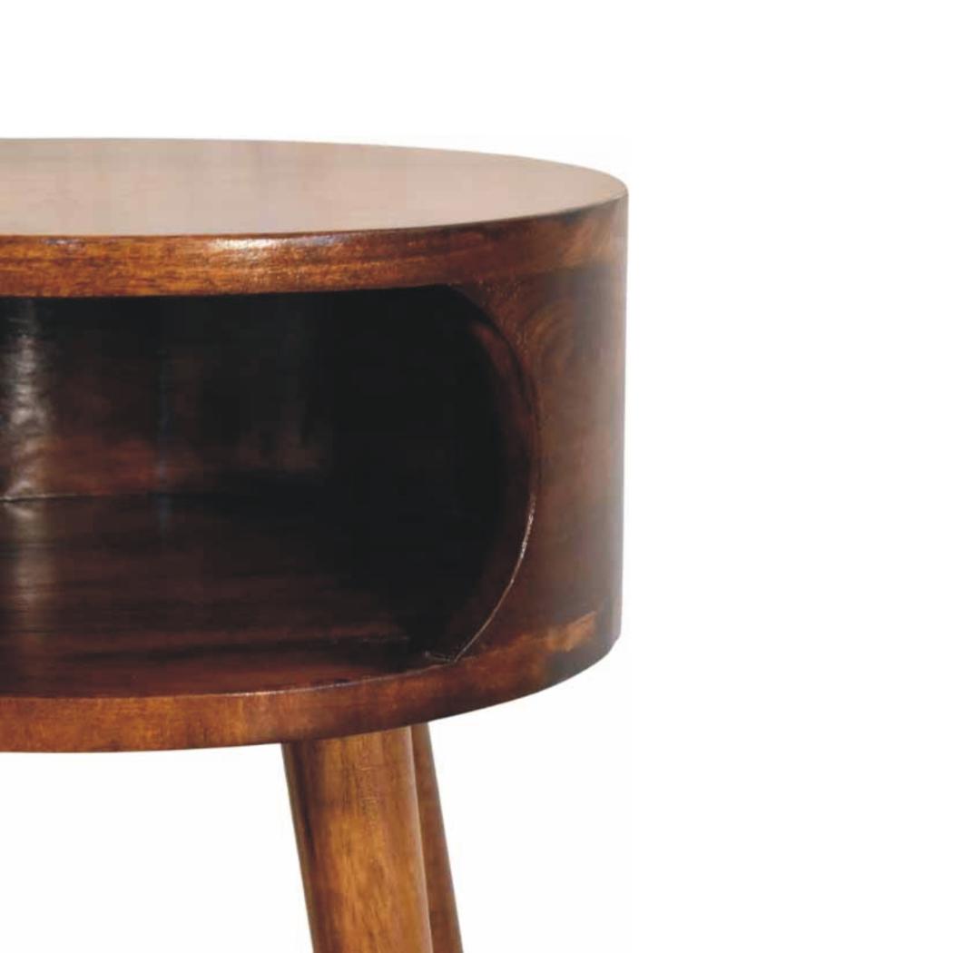 Round Chestnut Bedside Table | Solid Mango Wood | Open Shelf | Curved Nightstand