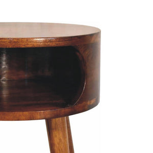Round Chestnut Bedside Table | Solid Mango Wood | Open Shelf | Curved Nightstand